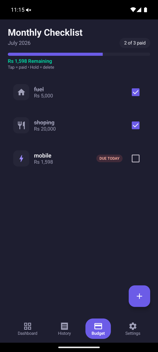 Budget checklist screen