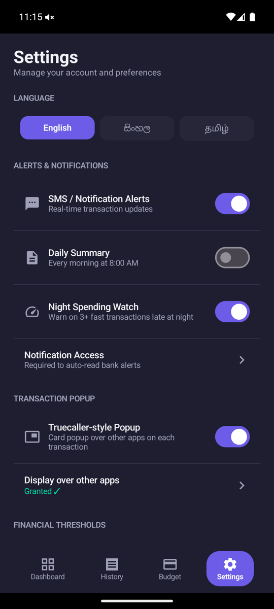 Settings screen